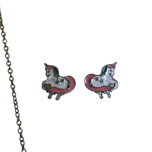 Magical Peach Pink Turquoise Star Glitter Unicorn Necklace And Post Earrings - Picture 10 of 14